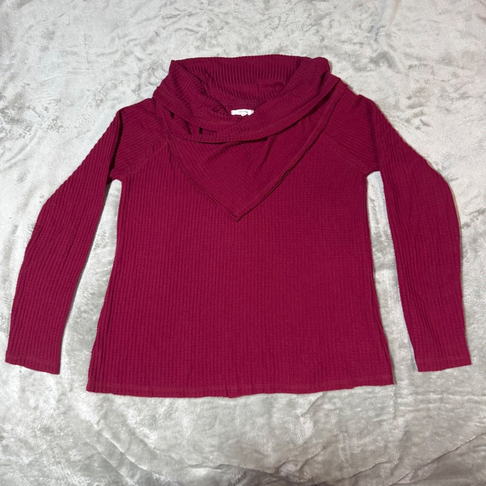 Maurices Burgundy Waffle-Knit Cowl Neck Top M GUC Raw Edge Back Seam